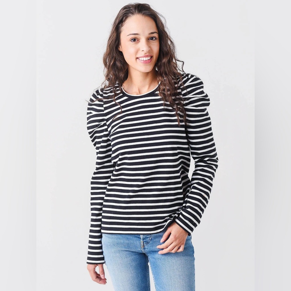 Rebecca Minkoff Top Tee Womens S Talia Breton Striped Puff Sleeve Cotton Preppy - Picture 15 of 16